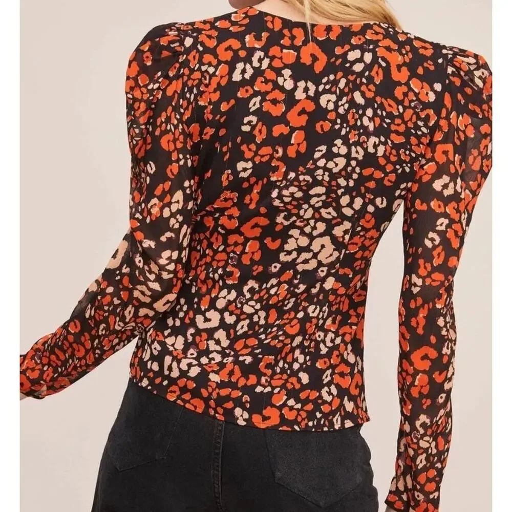 ASTR The Label Lissa Leopard Wrap Top XS Puff Sleeve Orange Black Tie Side